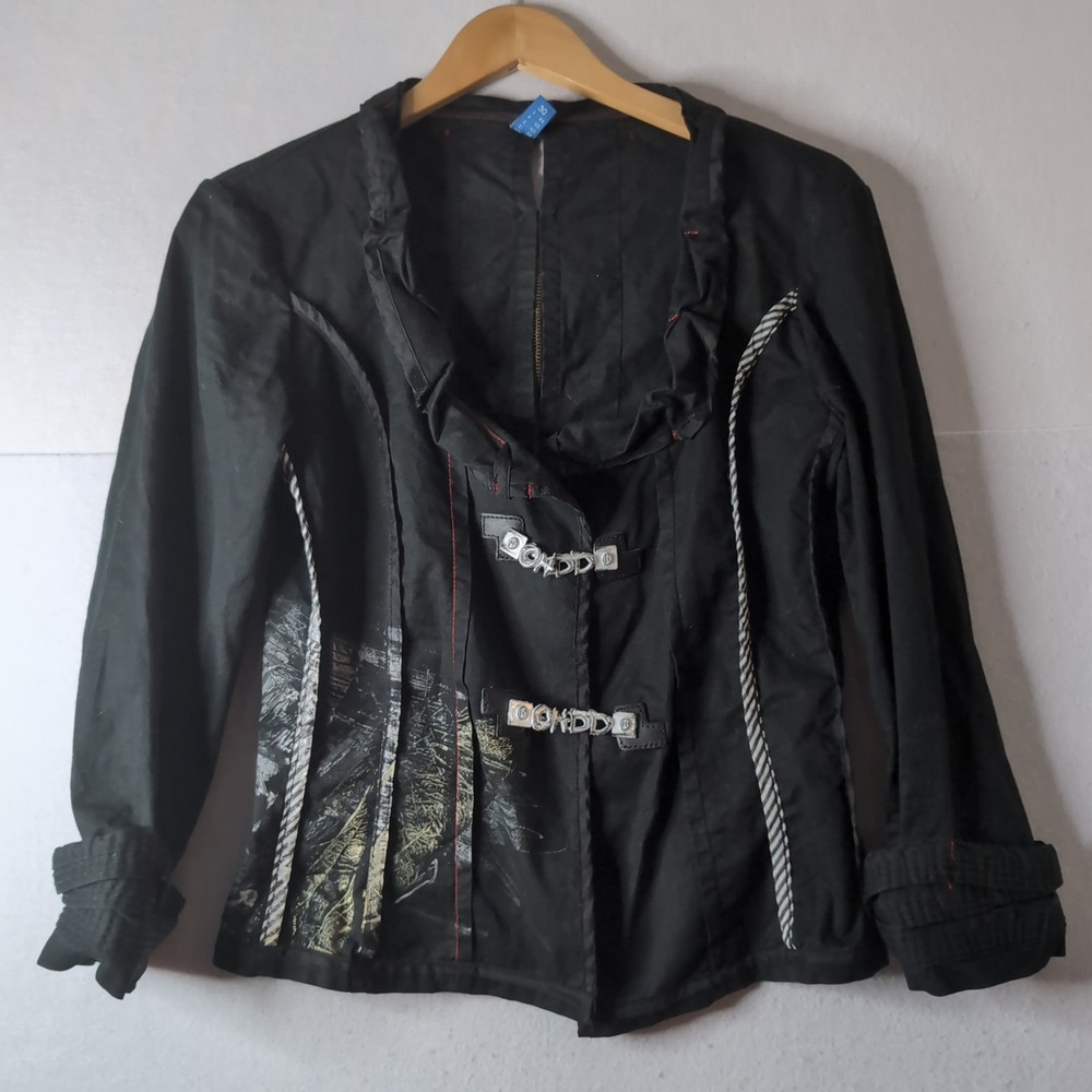 OHDD Made in Italy Black Avant Garde Graphic Jacket Metal Buckle Size 8 US